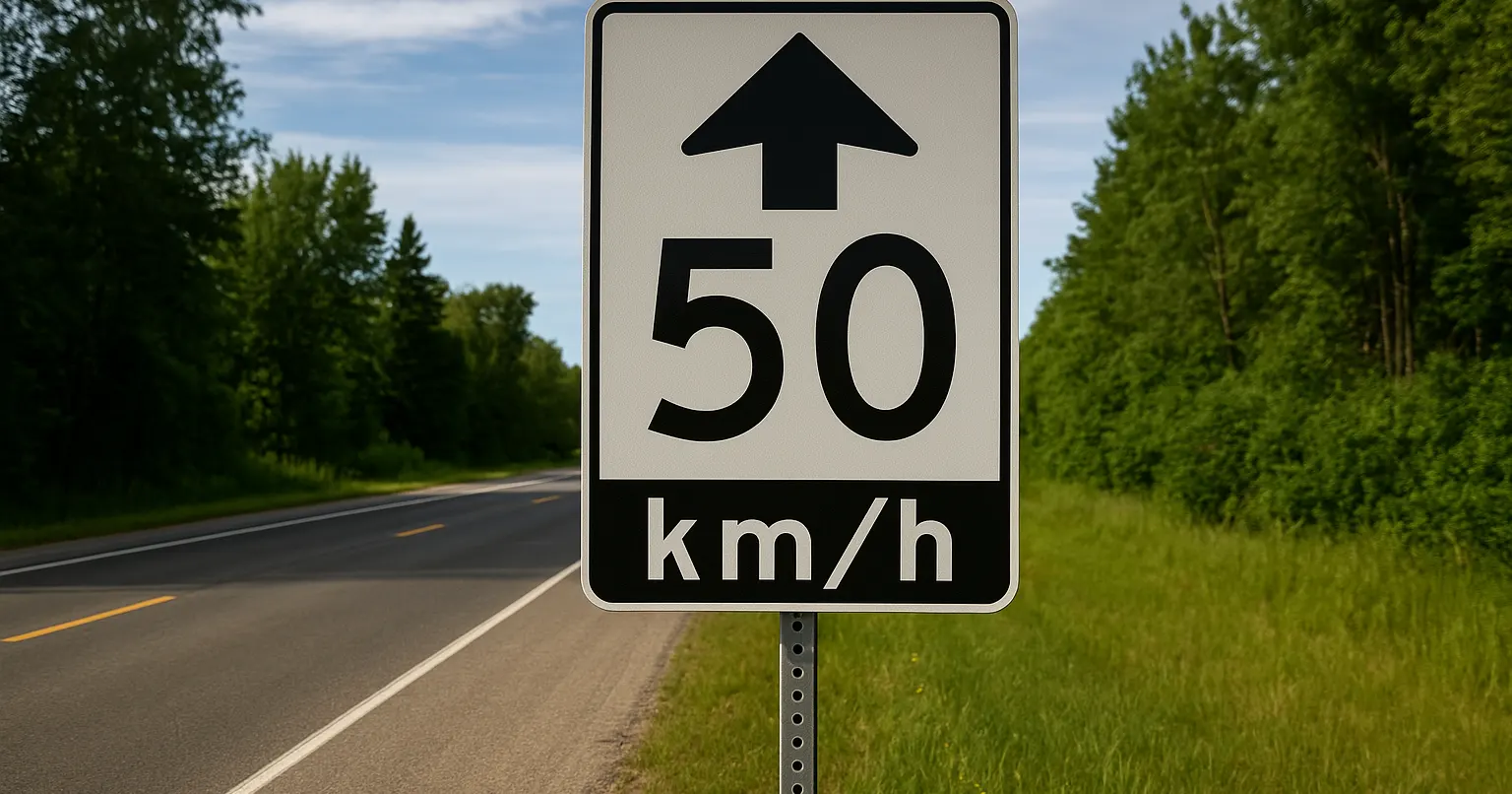 Ontario 50 km/h Maximum Speed Ahead sign on a suburban road during daylight