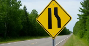 Right Lane Ends Ahead warning sign indicating lane reduction on road