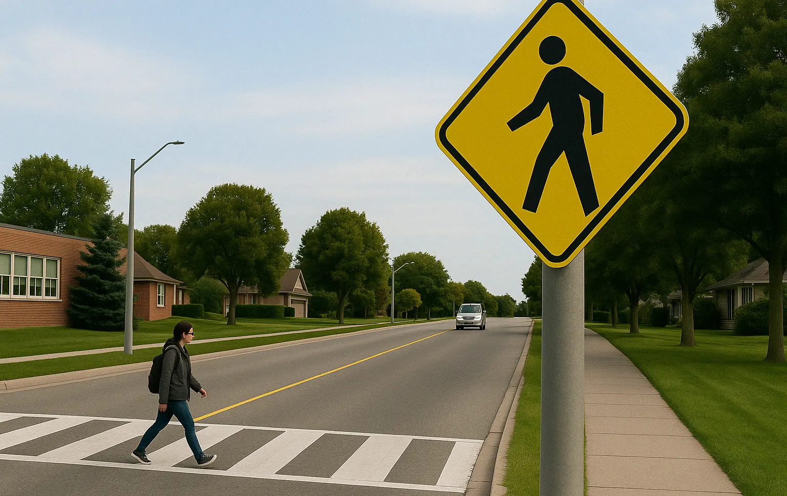 Yellow diamond pedestrian crossing warning sign placed near