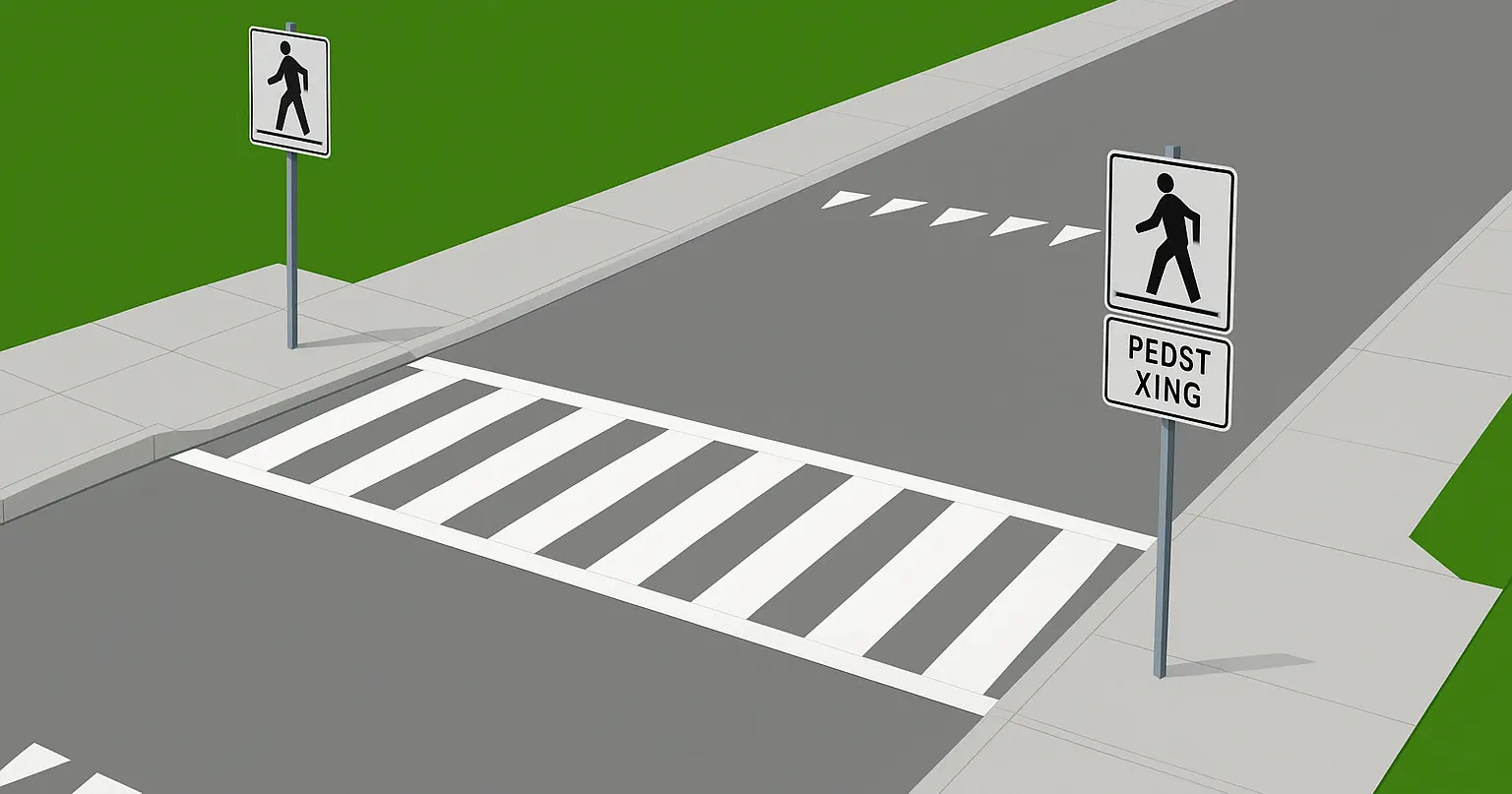 Pedestrian crossing sign on a residential street with sidewalk and trees