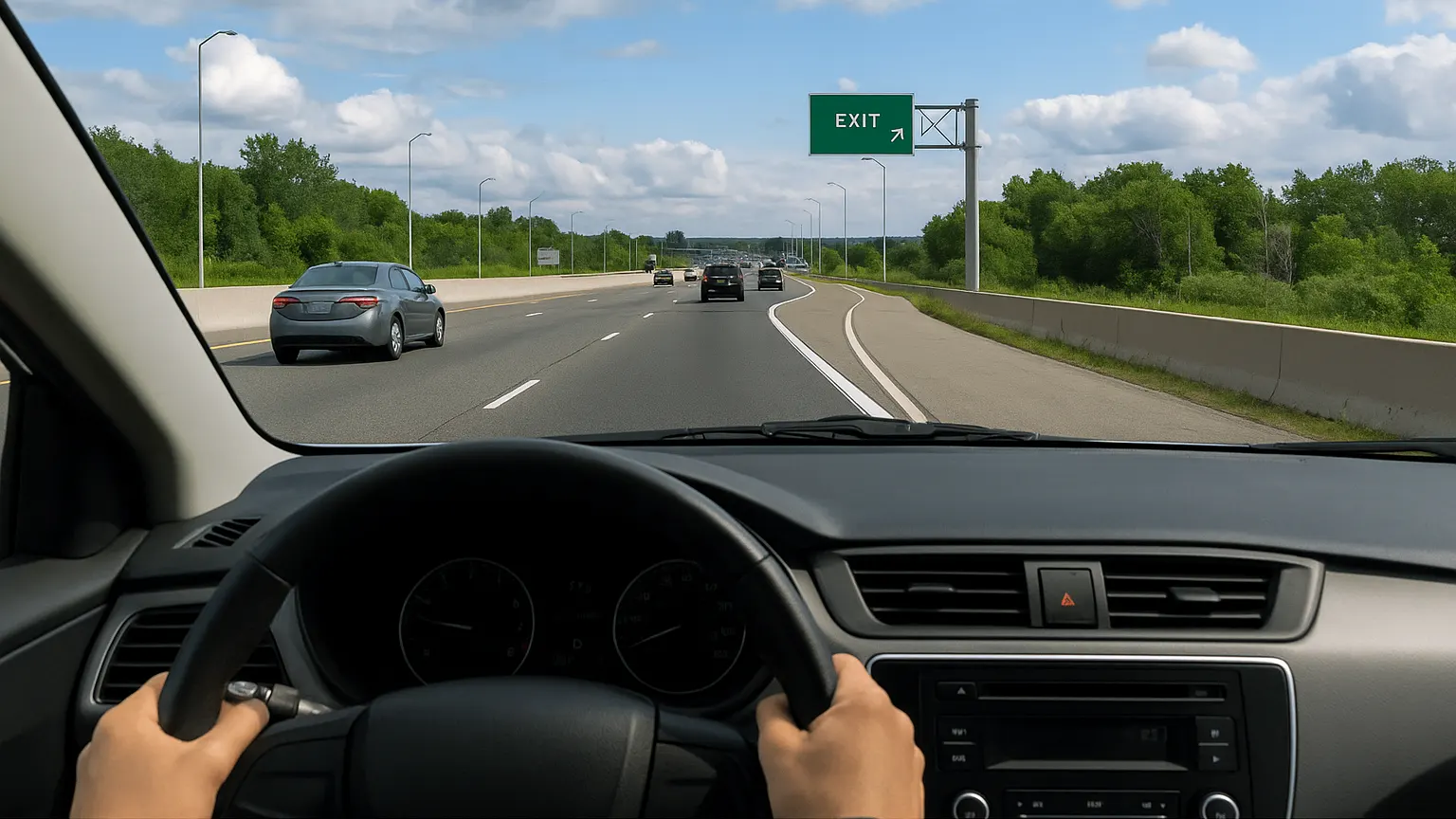 View from the driver's seat while exiting the highway during a G license road test : Ontario G1 G2 & G tests